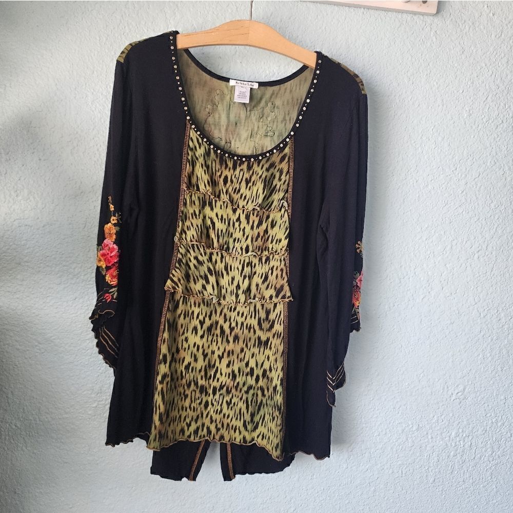 Krista Lee embroidery patch fan sleeves cheetah print blouse